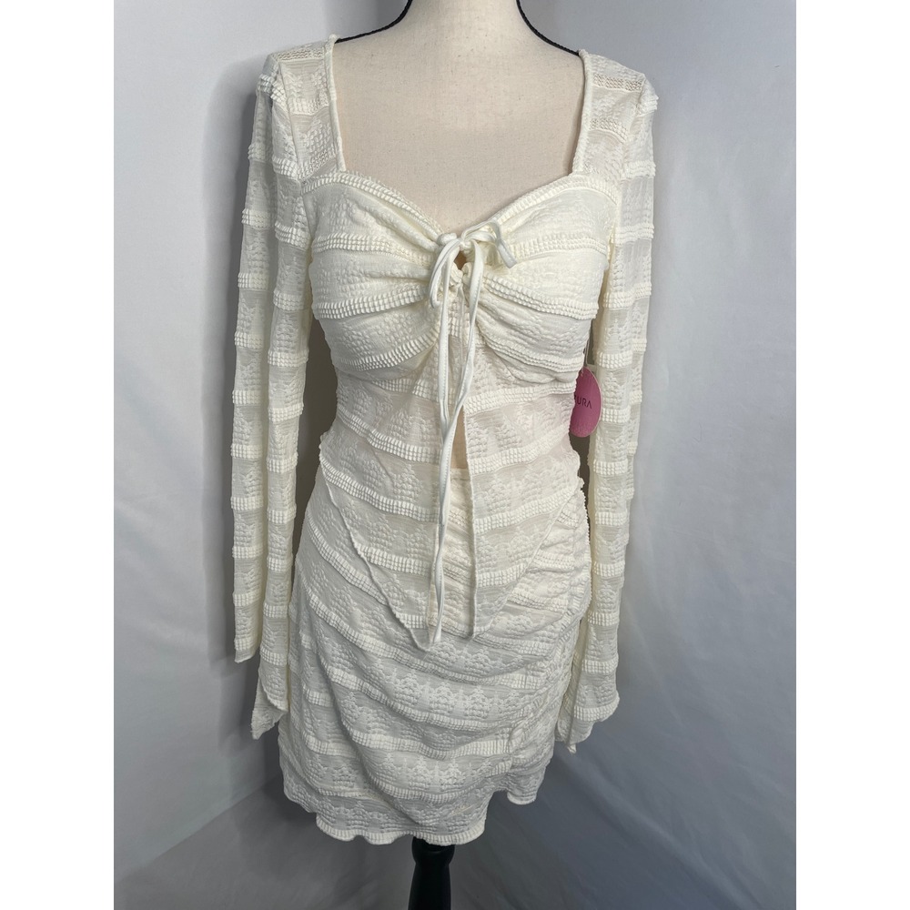 Azura Women Cream Two Piece Set Lace Ruched Mini Skirt Tie Front Top Size large